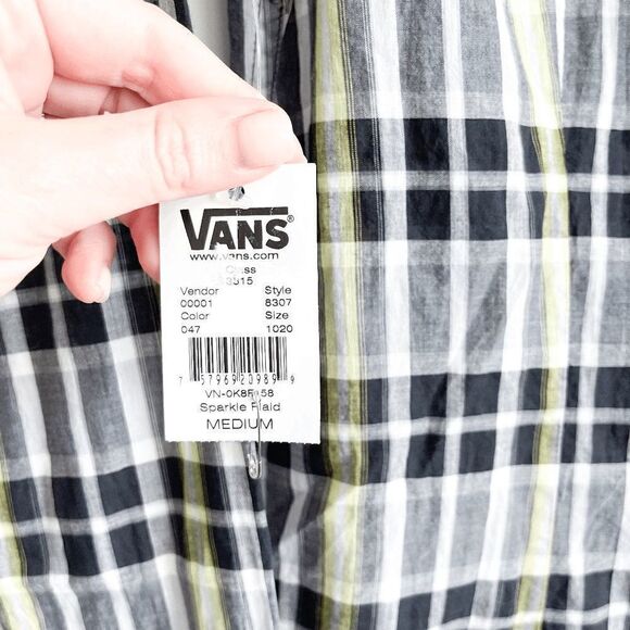 Vans Womens Button Down Shirt Ruffled Sparkle Plaid Yellow Black Medium NWT - Picture 6 of 9